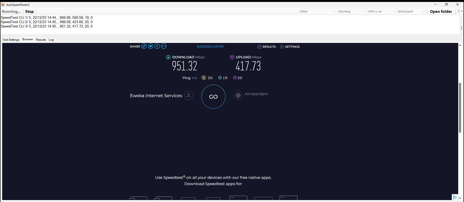 PrivadoVPN's 951.32 Mbps speed test result using Ookla