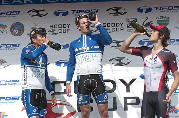 Thirsty work: The stage 13 podium (l-r): Joe Lewis (Bikebug.com), 2nd; Philip Grenfell (Bikebug.com), 1st; and Michael Freiberg (V Australia), 3rd
