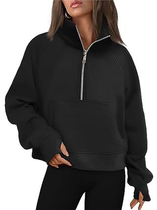 Automet Sweatshirts Frauen Half Zip Pullover Cropped Quarter Zip Hoodies 2024 Mode Kleidung Herbst Winter Kleidung Schwarz Pullover L