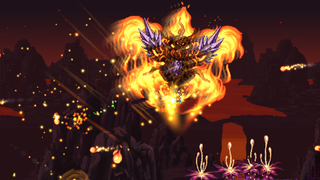 A boss in Terraria Calamity flies, firing molten fireballs.