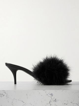 Boudoir Feather-Trimmed Leather Mules