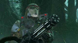 Helldivers 2 Python Commandos helldiver standing with maxigun raised