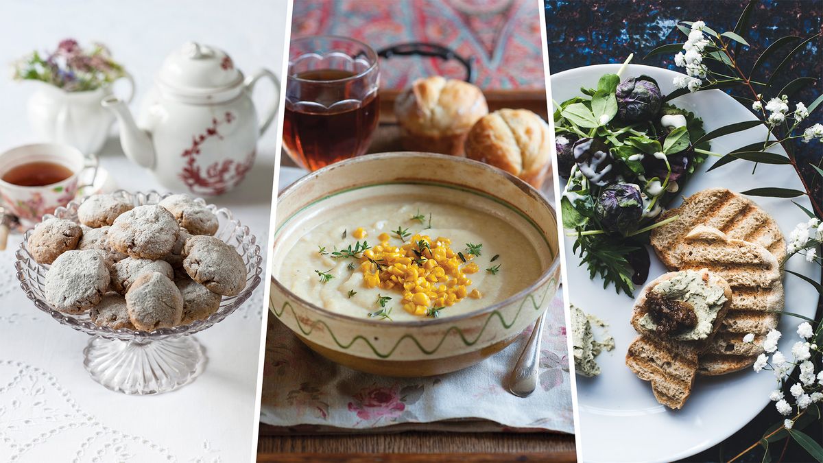 Three food photography images, cakes, a bowl of soup and cheese and bread 