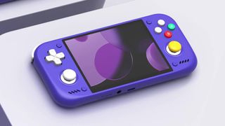 Retroid Nova in GameCube purple sitting on off white surface with purple bubbles on screen.