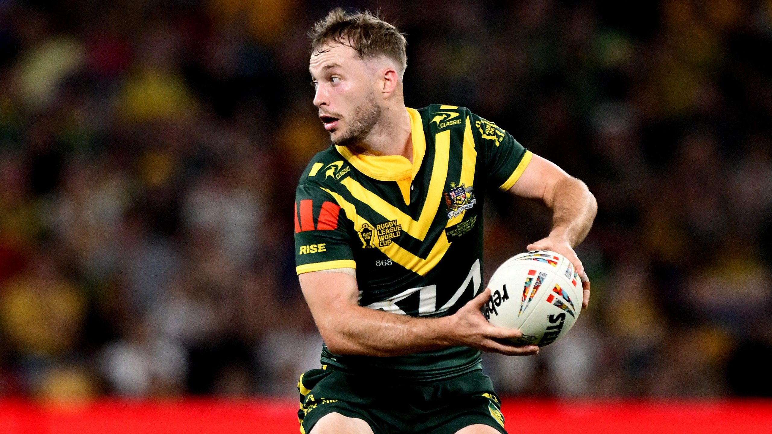 Sam Walker of Australia in action during the 2026 Men's Rugby League World Cup match between Australia Kangaroos and Fiji at Suncorp Stadium on October 25, 2026 in Brisbane, Australia