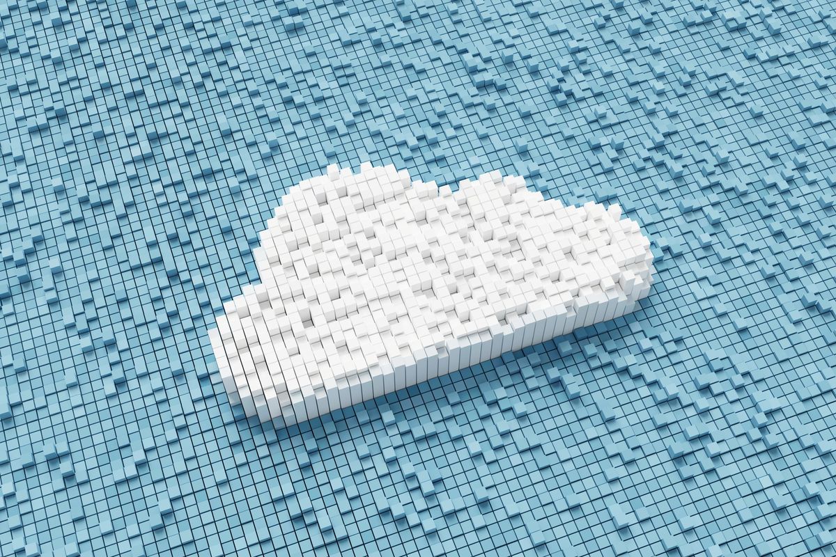 A CGI render of a cloud formed of hundreds of white cubes, viewed from above against a landscape formed of sky-blue cubes. The cubes are all at irregular heights, which creates an ripple effect in the image.