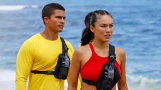 Alex Aiono and Zoe Cipres in front of the water in Rescue: Hi-Surf