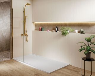 Acquabella Tempo Arabba shower tray in white shown with Arabba wall panels in white