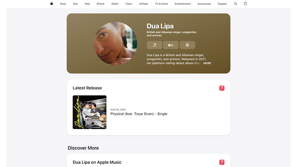 A screenshot of the Snapshot on Apple web page design showing information about Dua Lipa