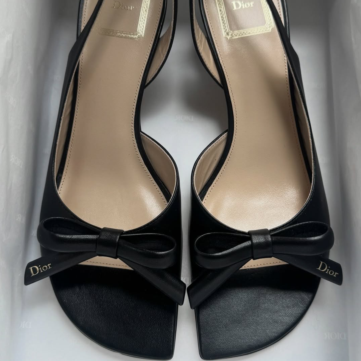 a photo of a pair of black Dior Bow sandals and a runway image from the Bottega Veneta spring/summer 2026 show