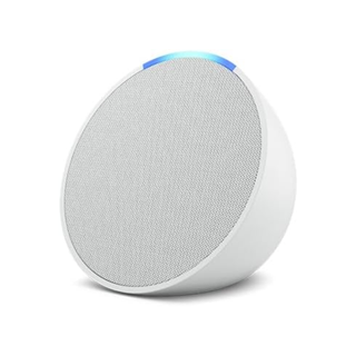 A white Amazon Echo pop smart speaker