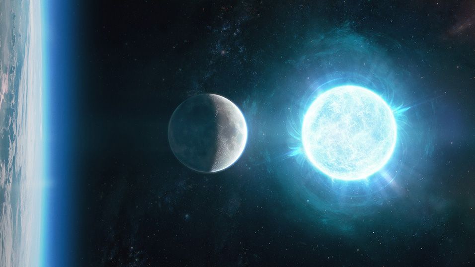 The white dwarf ZTF J1901+1458 is depicted above the moon in this artistic representation; in reality, the white dwarf lies 130 light-years from Earth in the constellation Aquila, the eagle.