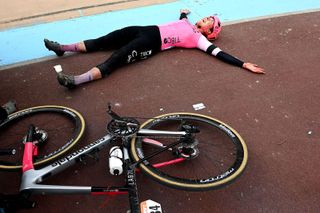 Alison Jackson lying on the ground in the Roubaix Velodrome
