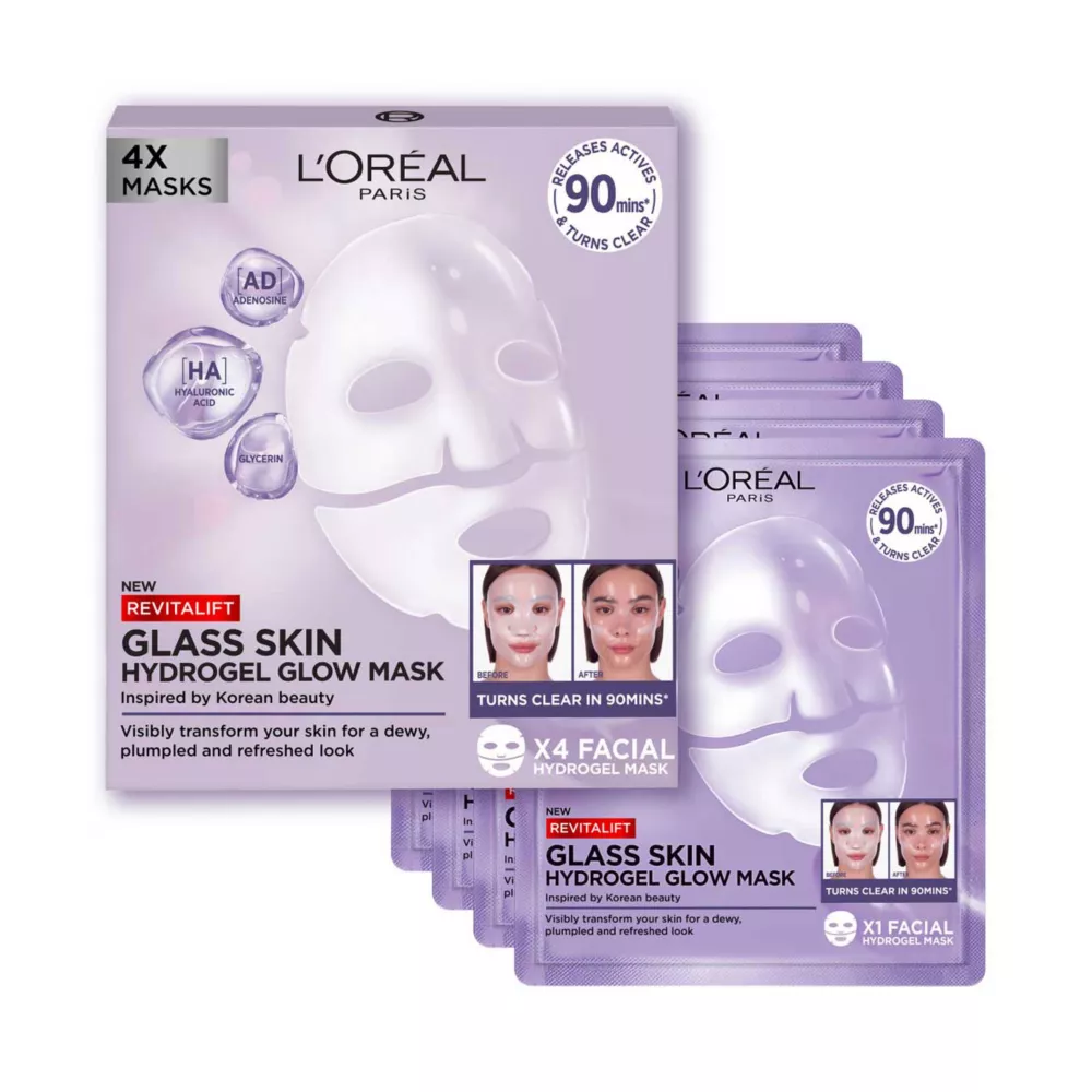 L'oreal Paris Revitalift Glass Skin Hydrogel Glow Mask 4x, Korean Skincare Inspired Face Masks, 4pc