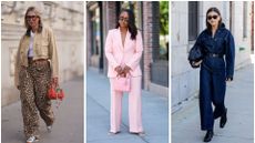 Three images of women wearing wide leg trousers