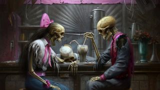 Skeletons in a milk bar, from the Fallout x Magic: The Gathering card Casualties of War
