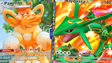 Rayquaza and Pawmot, two promo cards for Pokemon TCG Pocket