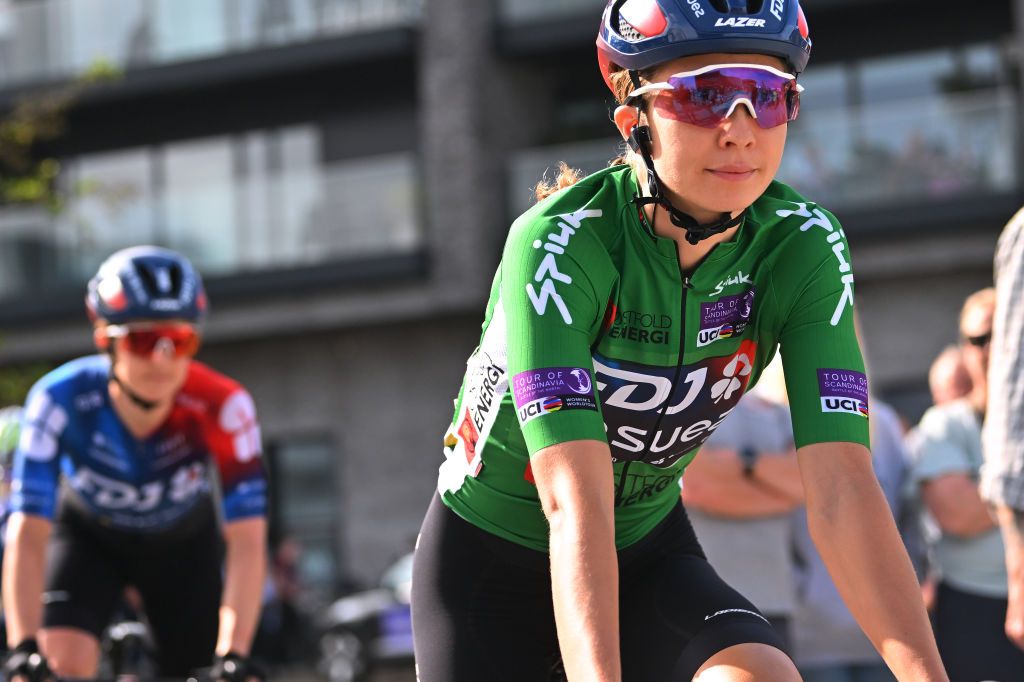 MIDDELFART DENMARK AUGUST 27 Cecilie Uttrup Ludwig of Denmark and Team FDJSuez Green Points Jersey prior to the 9th Tour of Scandinavia 2023 Battle Of The North Stage 5 a 1439km stage from Middelfart to Haderslev UCIWWT on August 27 2023 in Middelfart Denmark Photo by Luc ClaessenGetty Images