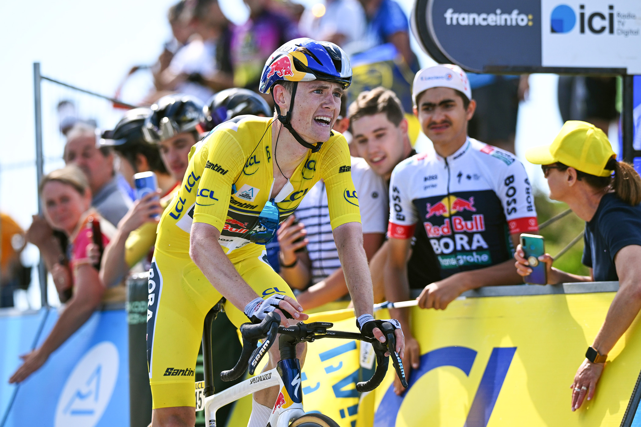 Yellow jersey Luke Tuckwell crosses the finish line of stage 7 of the Tour Auvergne-Rh&amp;ocirc;ne-Alpes