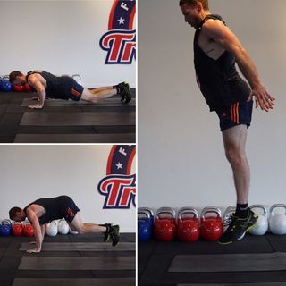 Man demonstrates three positions of the burpee exercise