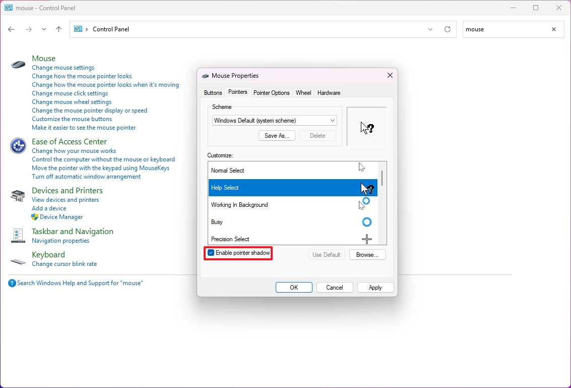Enable pointer shadow from Control Panel
