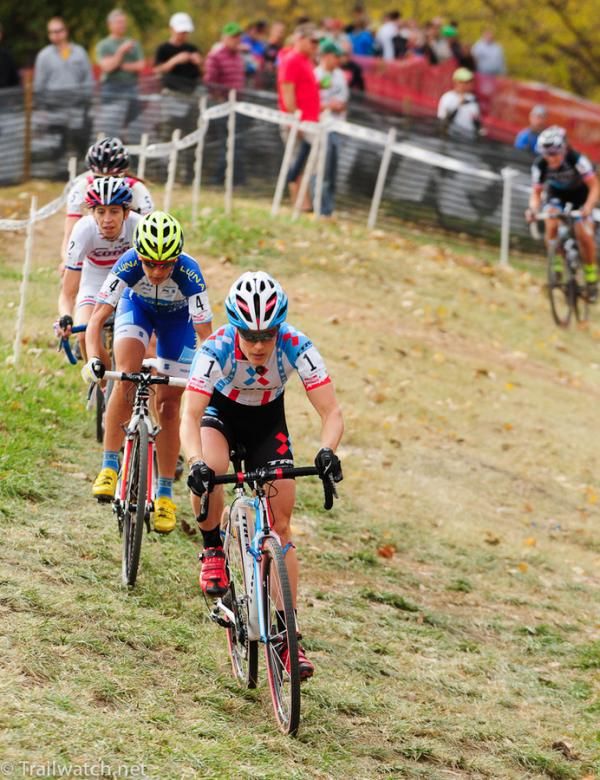 Katie Compton (Trek Cyclocross Collective) leading on an off-camber section
