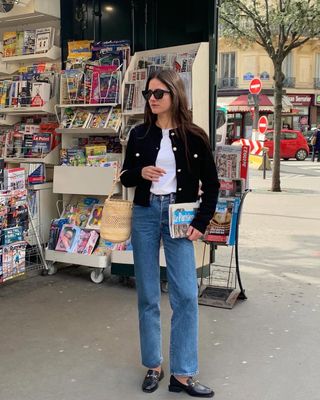 French fashion influencer wearing a spring cardigan