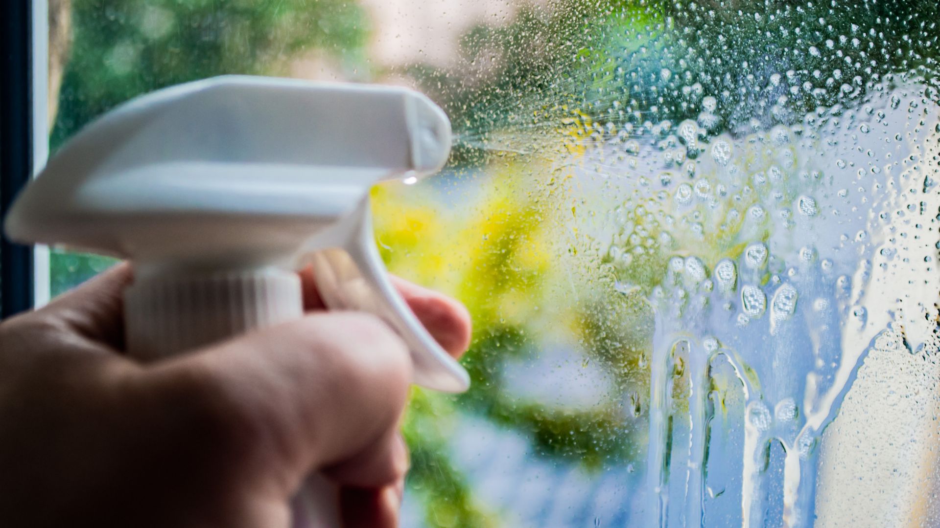 woman spraying liquid on window