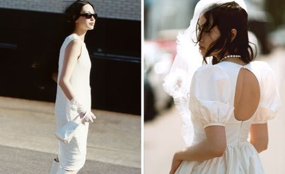Best alternative bridal wear: Hai wedding dresses and veil photographed on street