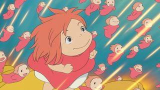 A still from the movie Ponyo of the character Brunhilde/Ponyo surrounded by little fish people.