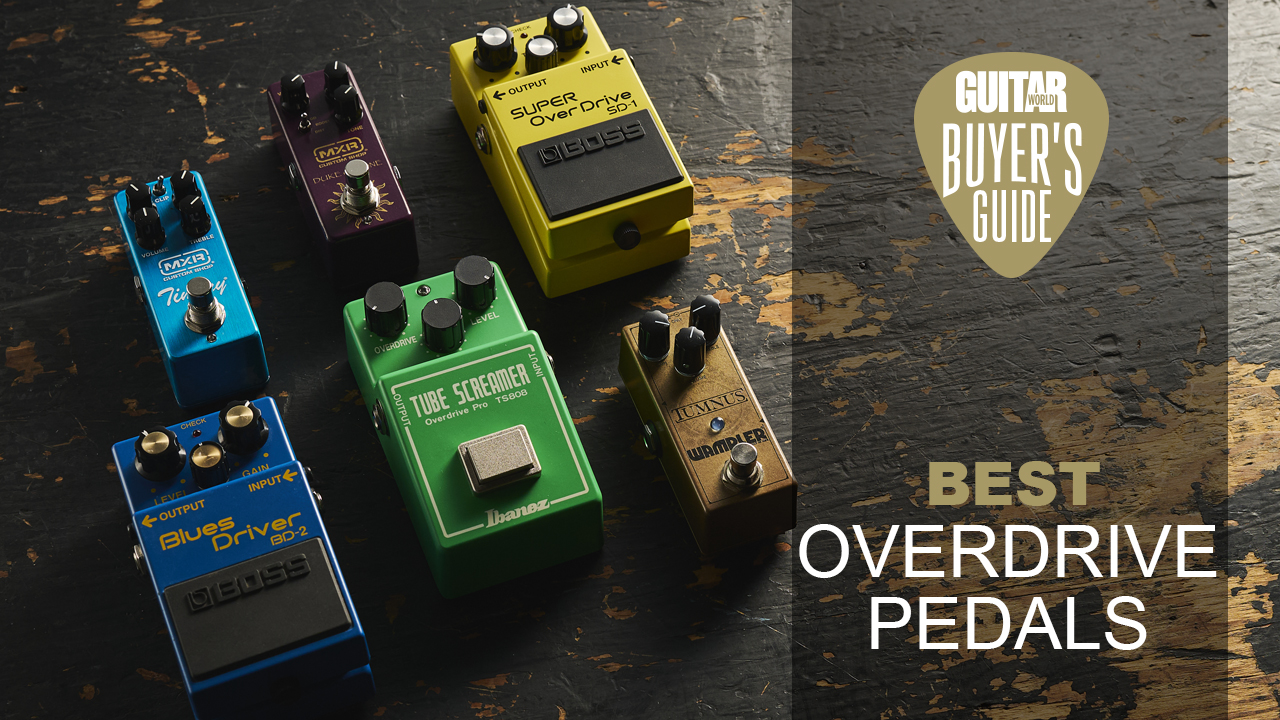 A selection of overdrive pedals on a wooden floor