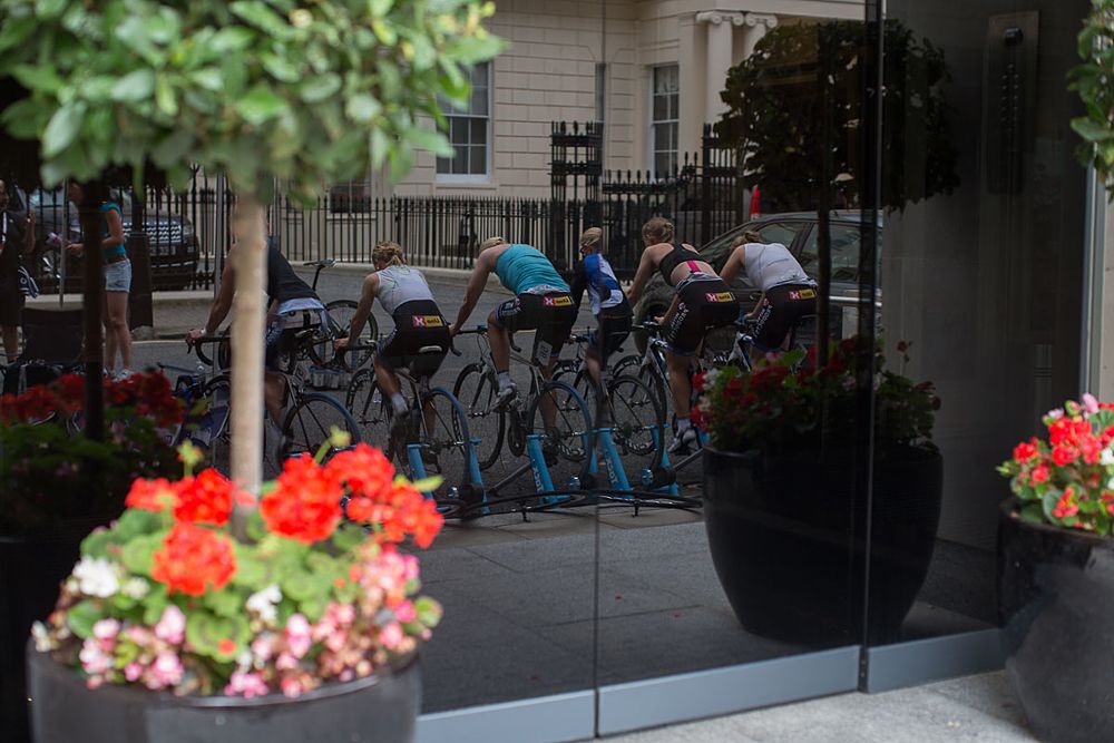 The Hitec Products Cycling Team warms up for the Prudential RideLondon Classique