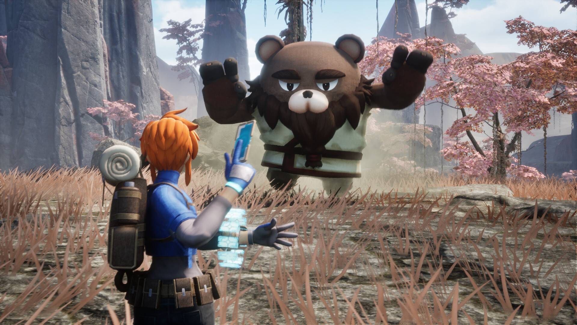 Pickmos screenshot shows a player facing a large bear-like monster.
