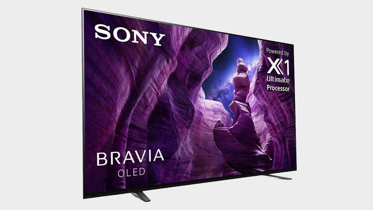 Sony A8H OLED 4K TV on a grey background