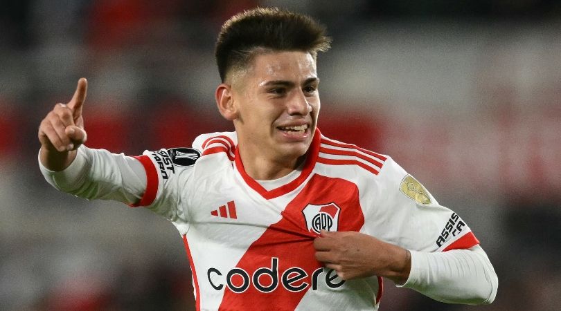 Claudio Echeverri, who signed for Manchester City in January, celebrates a goal for River Plate against Nacional in the Copa Libertadores in April 2024.