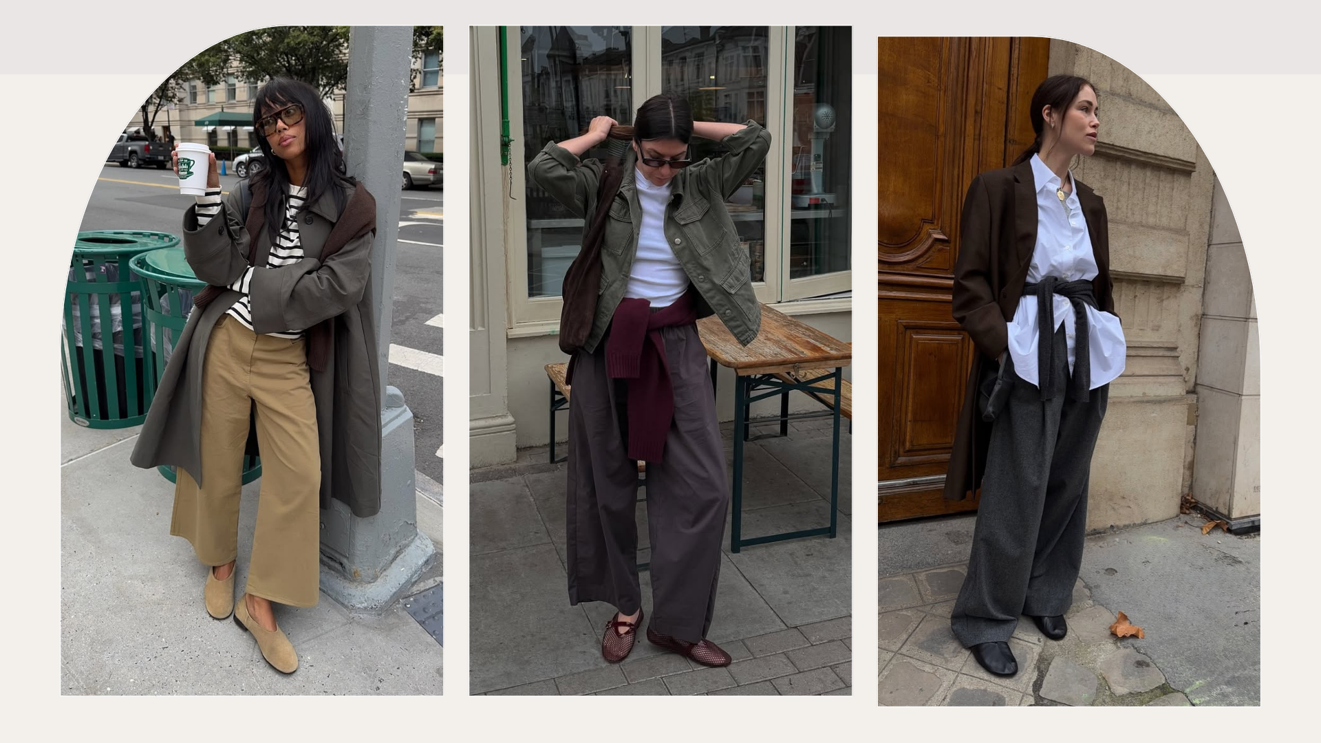 Influencers Amaka Hamelijnck, Francesca Saffari and Annabel Rosendahl wearing wide-leg trousers and ballet flats. 