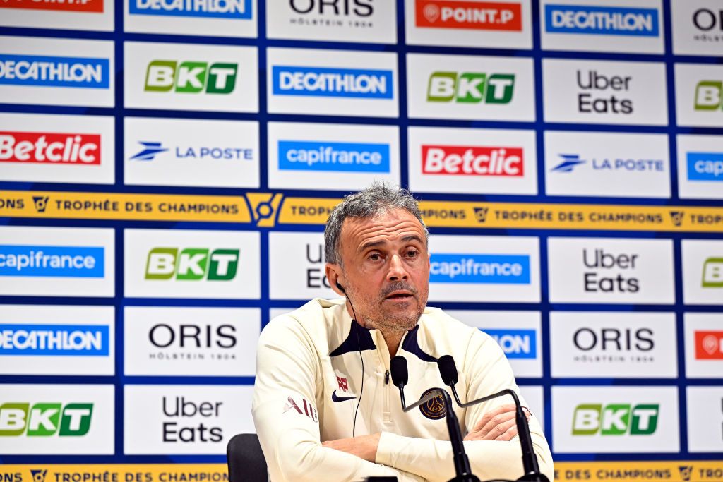 Paris Saint-Germain head coach Luis Enrique answers journalists during a press conference prior the Trophee Des Champions Final against Toulouse FC at Campus PSG