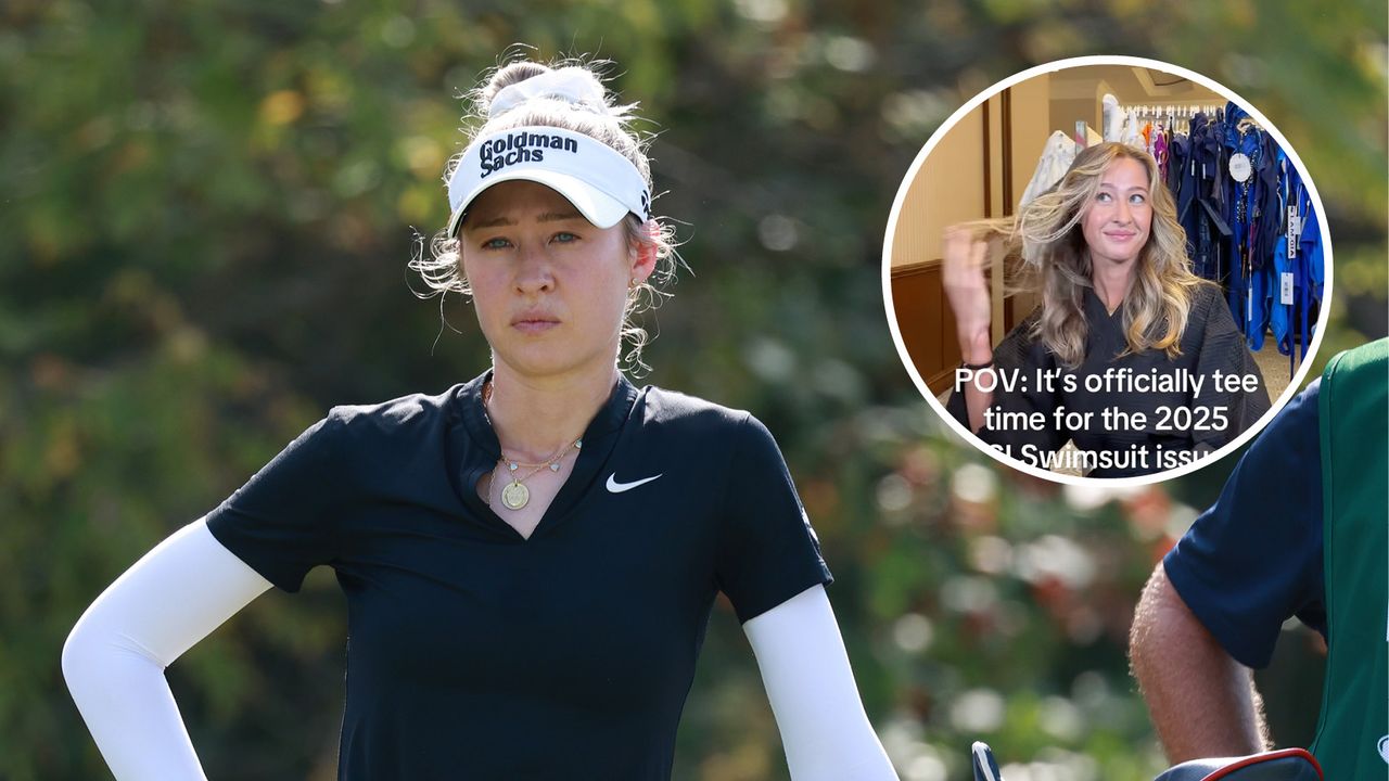 Main image of Nelly Korda looking on at the 2024 Kroger Queen City Championship - inset photo of Korda flicking her hair away during a Sports Illustrated photoshoot