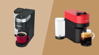 Keurig and Nespresso coffee machines on two tone brown background