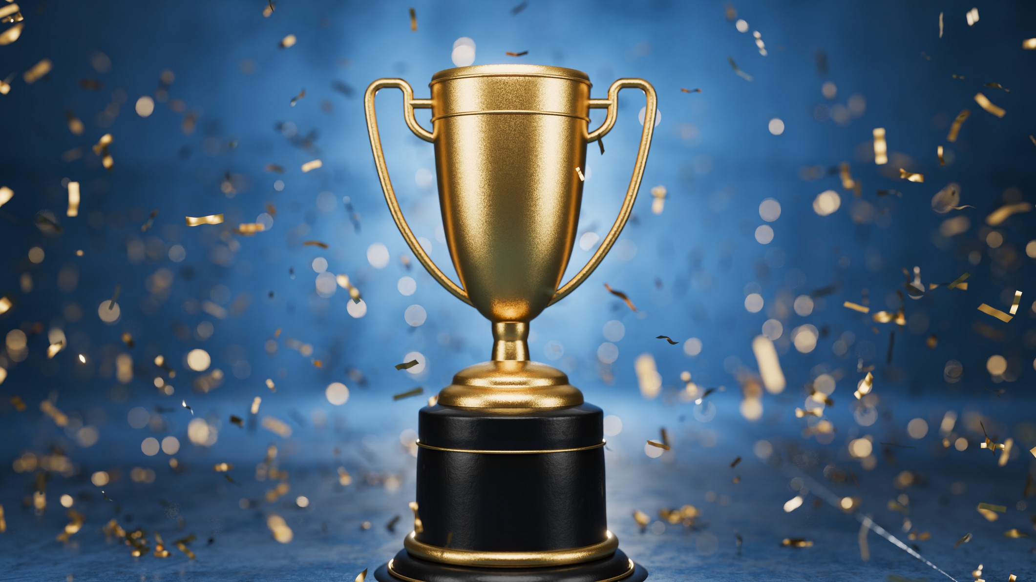 Winner's Cup. Achievements. Victory. Goal achievement concept. Best in Class Trophy Award. Top Performance Award. 3D render. - stock photo