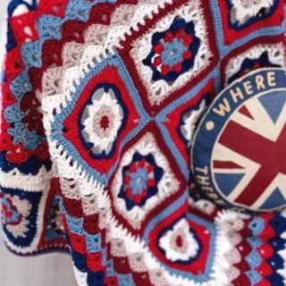 Close up of red white and blue crochet blanket with union jack