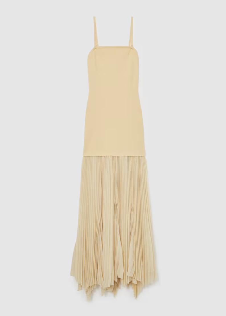 Reiss Pleated Skirt Ribbed Midi Dress in Yellow