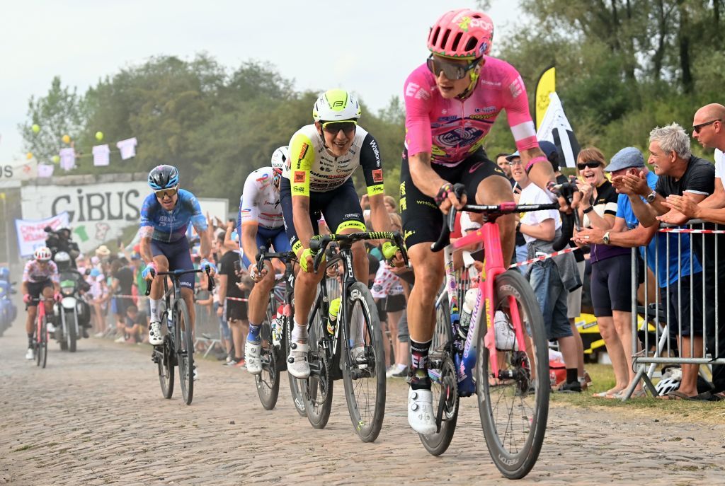 Australian Simon Clarke of IsraelPremier Tech Dutch Taco van der Hoorn of Intermarche WantyGobert Materiaux and US Neilson Powless of EF EducationEasyPost pictured in action during stage five of the Tour de France cycling race a 155 km race from Lille Metropole to Arenberg porte du Hainaut France on Wednesday 06 July 2022 This years Tour de France takes place from 01 to 24 July 2022 BELGA PHOTO DAVID STOCKMAN UK OUT Photo by DAVID STOCKMAN BELGA MAG Belga via AFP Photo by DAVID STOCKMANBELGA MAGAFP via Getty Images