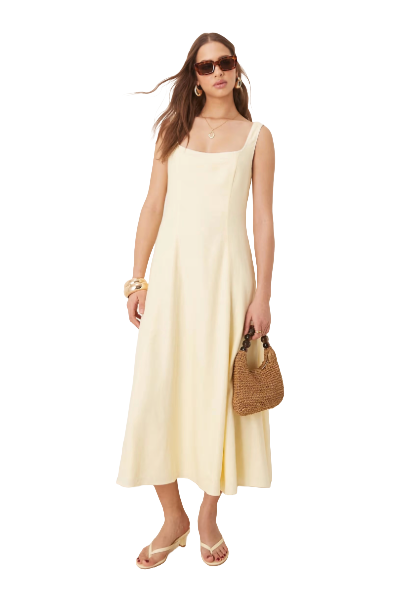 Ever New, Ever New Linen Blend Contrast Stitch Midaxi Dress in Lemon (Was $191) 