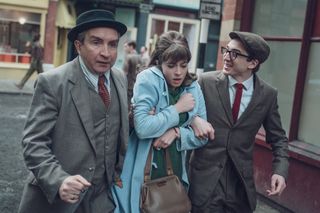Eddie Marsan (on left) as Uncle Sol, with Vivienne and Jack, in Ridley Road.