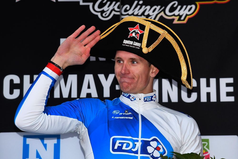 Arnaud Demare on the podium after winning Binche-Chimay-Binche