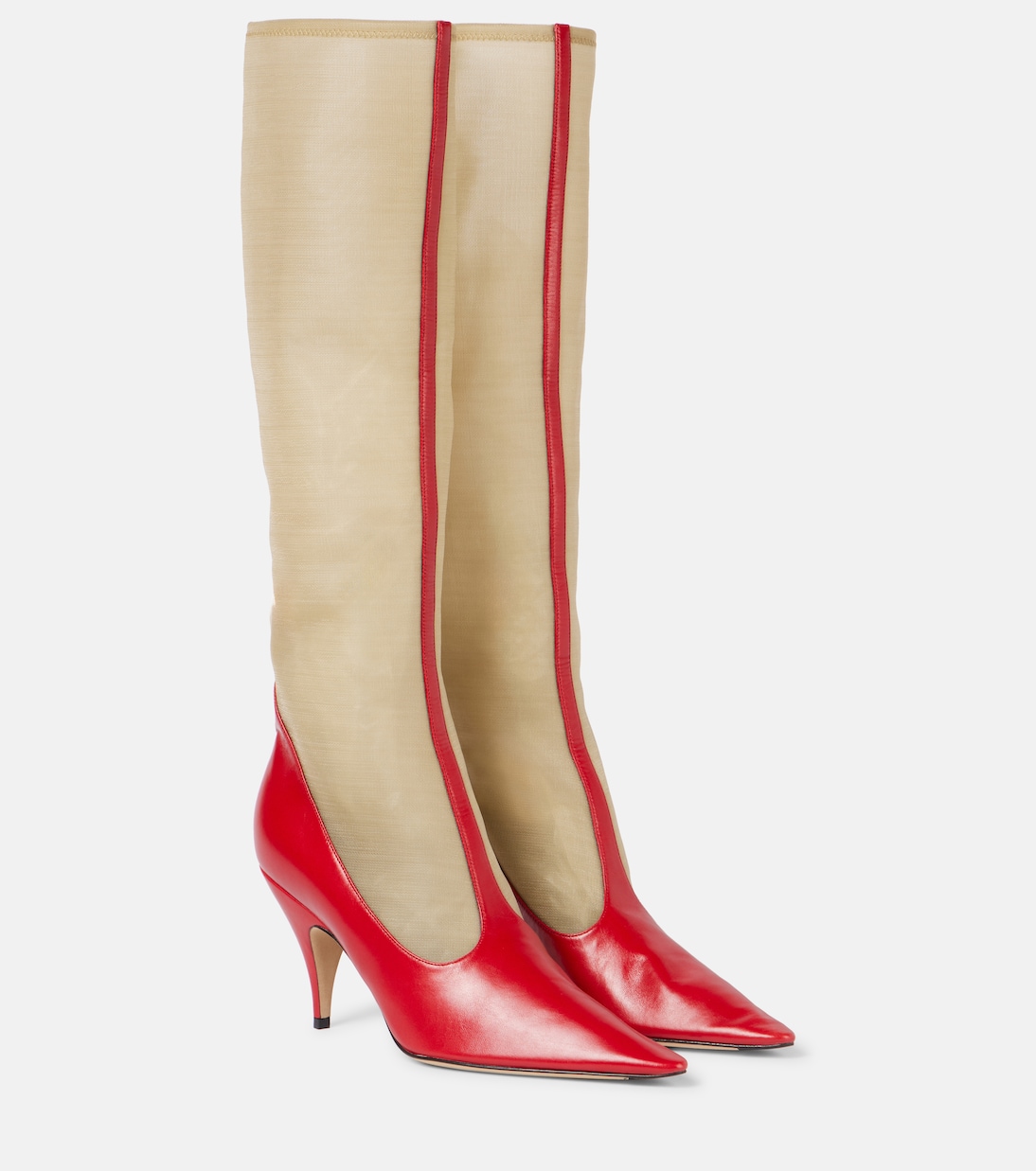 Mesh and Leather Knee-High Boots