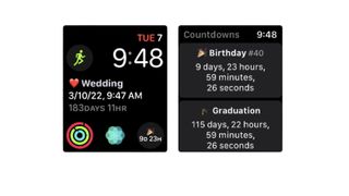 Screenshots showing Countdowns on Apple Watch