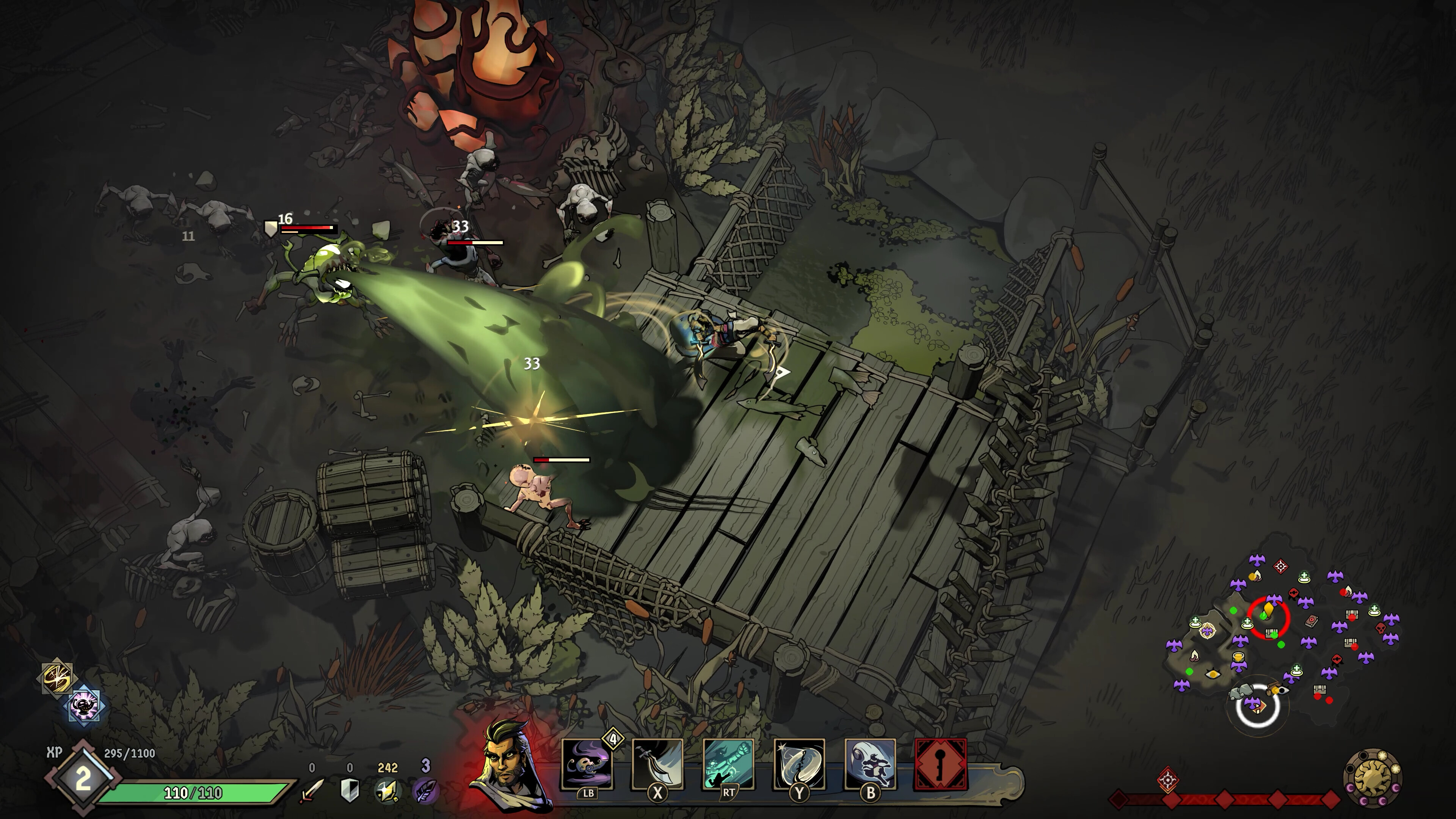 A battle against a swarm of monsters, including a vomiting ghoul, in Ravenswatch.