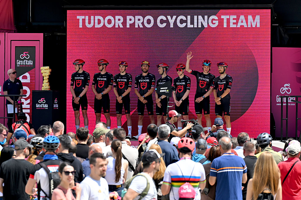PLOVDIV, BULGARIA - MAY 10: A general view of Michael Storer of Australia, Will Barta of United States, Robin Froidevaux of Switzerland, Fabian Lienhard of Switzerland, Luca Mozzato of Italy, Mathys Rondel of France, Florian Stork of Germany, Larry Warbasse of United States and Team Tudor Pro Cycling during the 109th Giro d&amp;apos;Italia 2026, Stage 3 a 175km stage from Plovdiv to Sofia / #UCIWT / on May 10, 2026 in Plovdiv, Bulgaria. (Photo by Tim de Waele/Getty Images)
